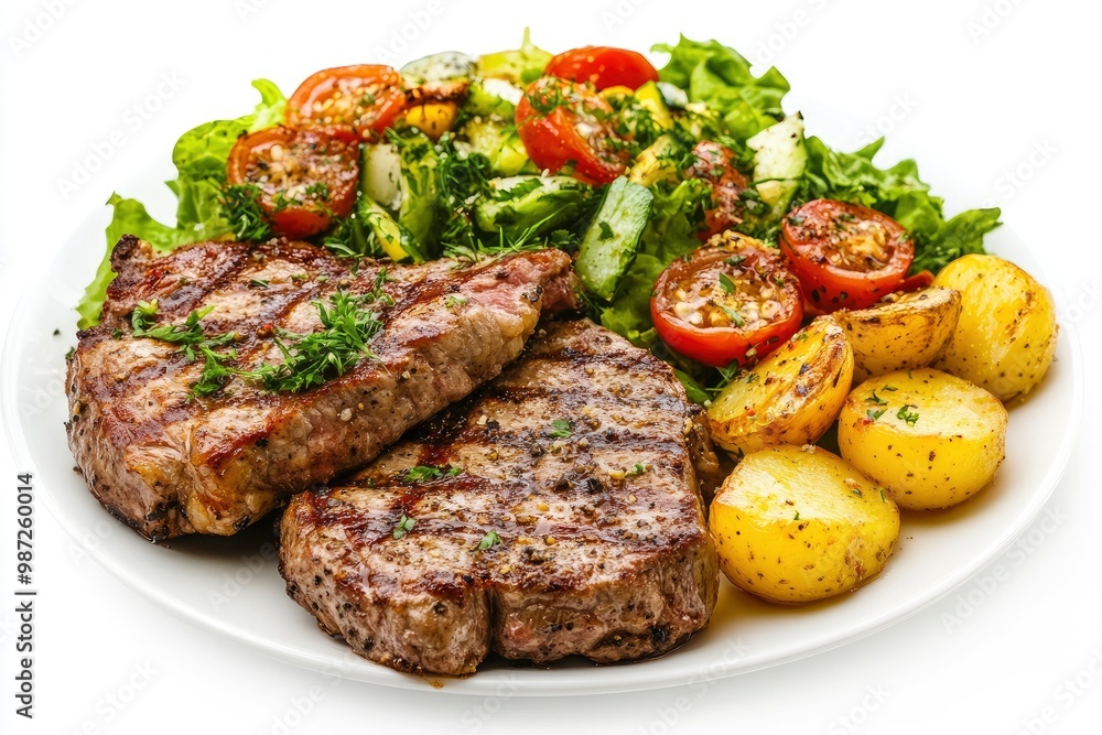 Grilled steaks, boiled potatoes and vegetable salad on white background , ai Grilled steaks, boiled potatoes and vegetable salad on white background , ai
