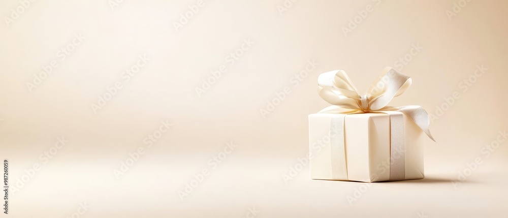 A white gift box, featuring a white bow atop it, sits against a light brown background The shadow of the bow casts an subtle impression on the surface of the box A white gift box, featuring a white bow atop it, sits against a light brown background The shadow of the bow casts an subtle impression on the surface of the box