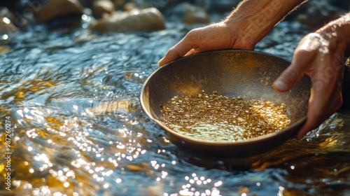 Close-up of gold panning in a river, swirling water reflecting sunlight, miner hands holding the pan, fine particles of gold appearing in the gravel