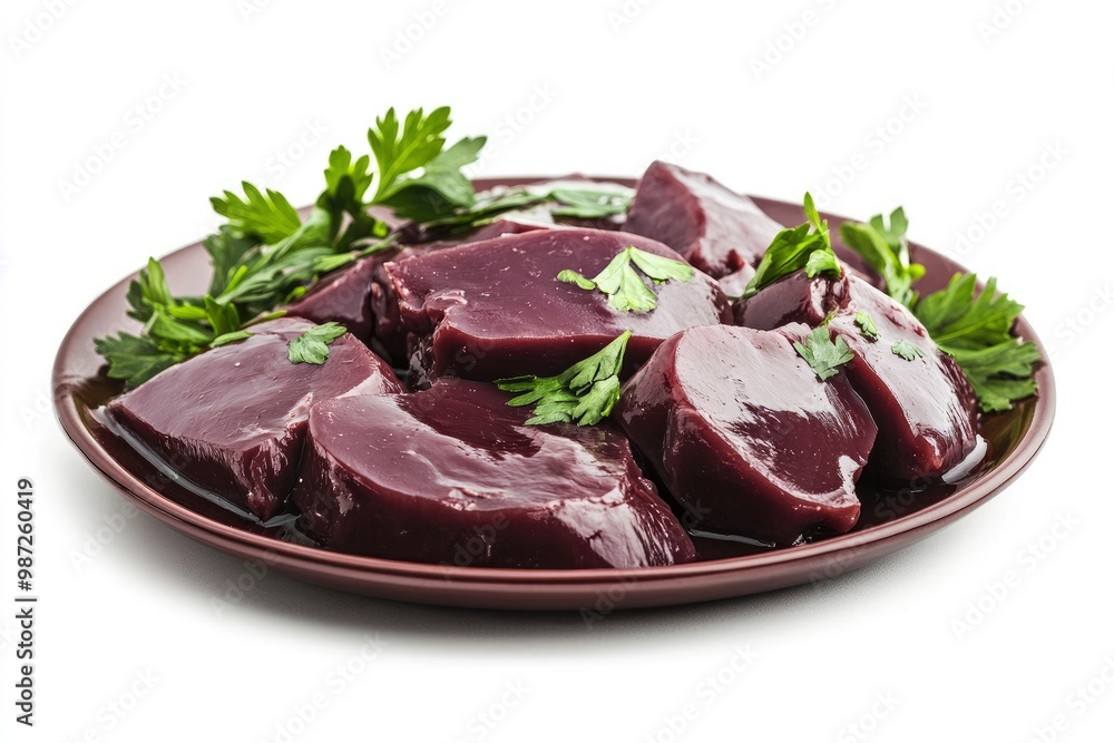 Fresh raw chicken liver on a plate. Isolated on white , ai Fresh raw chicken liver on a plate. Isolated on white , ai