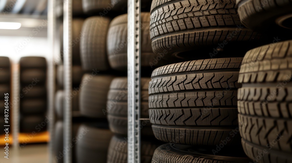 A stack of new tires on yellow shelves in a warehouse. A stack of new tires on yellow shelves in a warehouse.
