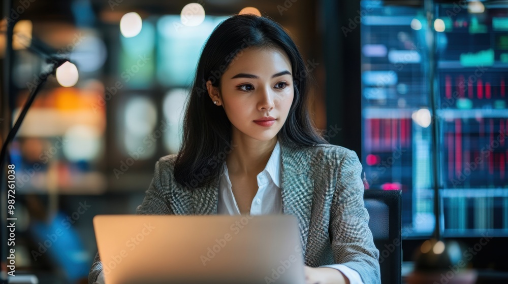 Fototapeta premium Asian woman data analyst working with complex data sets on her laptop in a high-tech office environment showcasing analytical skills and insights