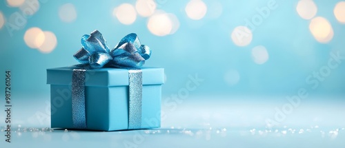  A blue gift box with a blue ribbon and bow, against a blue backdrop of twinkling lights