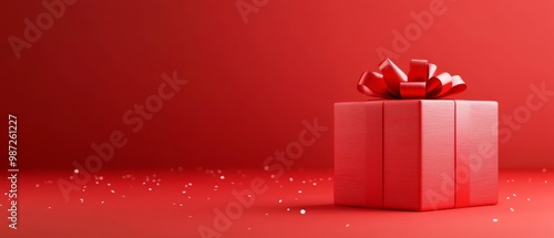 Wallpaper Mural  A red gift box with a red bow atop, sitting on a red background dotted with scattered confetti Torontodigital.ca