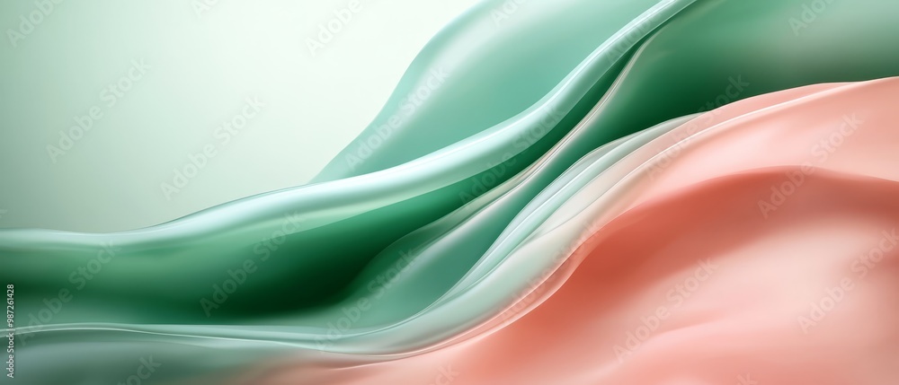 Close-up of green-pink wave overlaid on green-pink backdrop, with a light blue sky in distant background Close-up of green-pink wave overlaid on green-pink backdrop, with a light blue sky in distant background