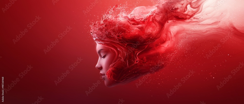 A woman's head against a red backdrop, featuring a water splash on her face A woman's head against a red backdrop, featuring a water splash on her face