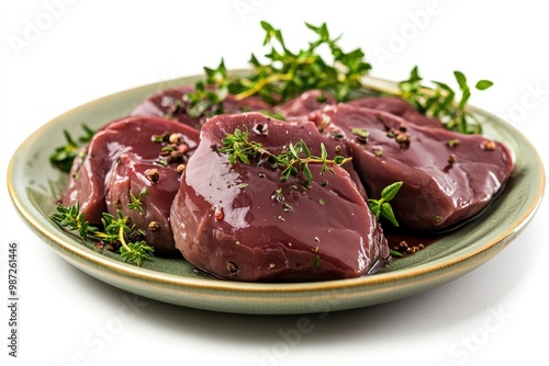 Fresh raw chicken liver on a plate. Isolated on white , ai