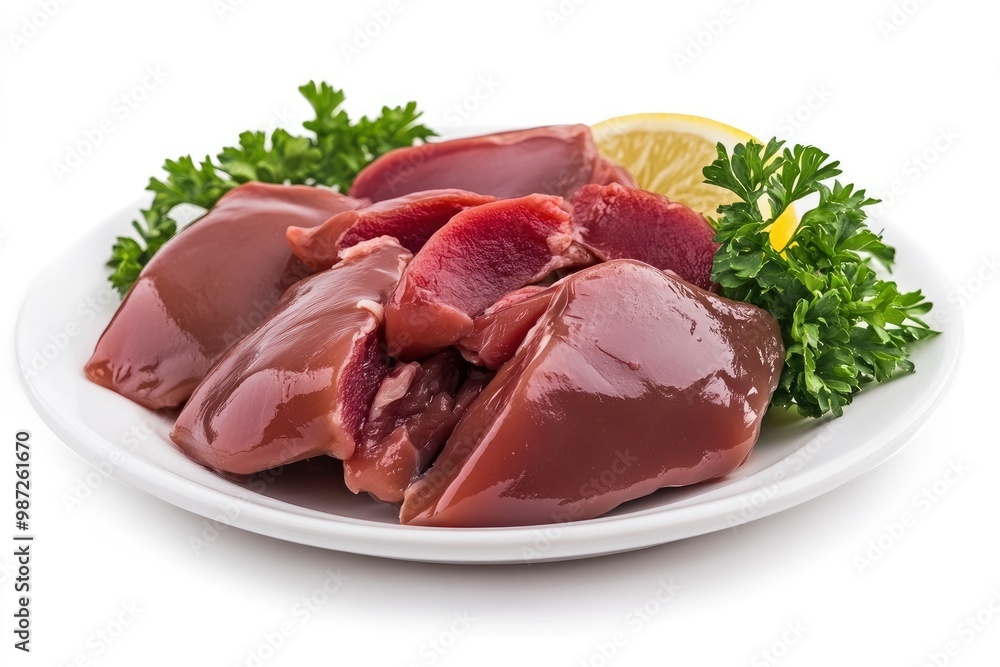 Fresh raw chicken liver on a plate. Isolated on white , ai Fresh raw chicken liver on a plate. Isolated on white , ai