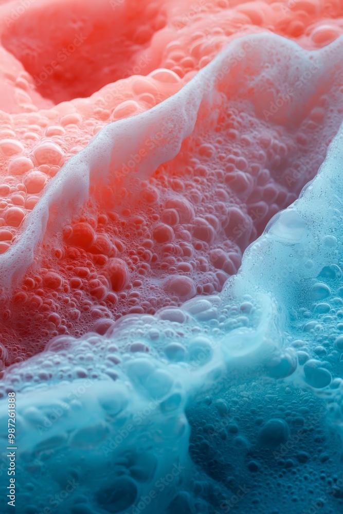 Fototapeta premium A tight shot of a foam-covered surface, featuring a red and blue mixture in its center