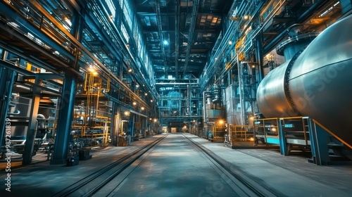 Industrial factory interior with steel structures, pipes, and a large metal tank.