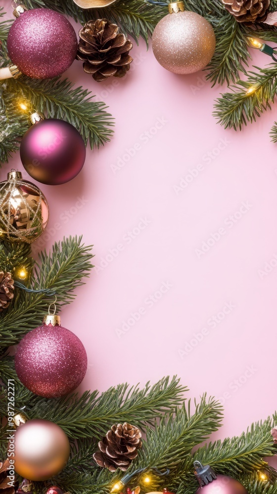 Frame on a pink background made of spruce branches decorated with various New Year's decorations, shiny and matte balls of pink, gold and silver colors, as well as pine cones Frame on a pink background made of spruce branches decorated with various New Year's decorations, shiny and matte balls of pink, gold and silver colors, as well as pine cones