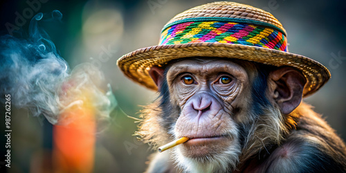 Old monkey with colourful hat smoking a joint, monkey, old, colourful, hat, smoking, joint, cannabis, relaxing, wildlife