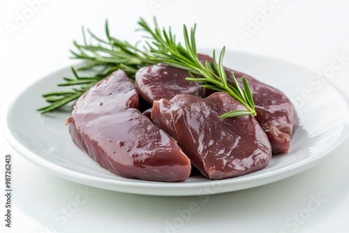 Fresh raw chicken liver on a plate. Isolated on white , ai