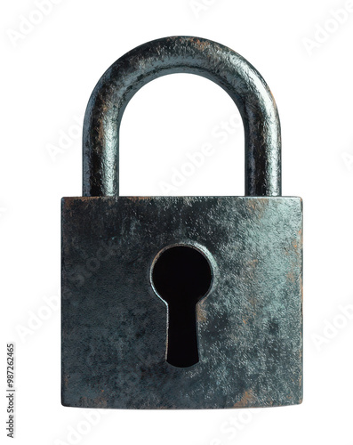 Heavy-duty padlock with aged appearance, isolated on transparent background.