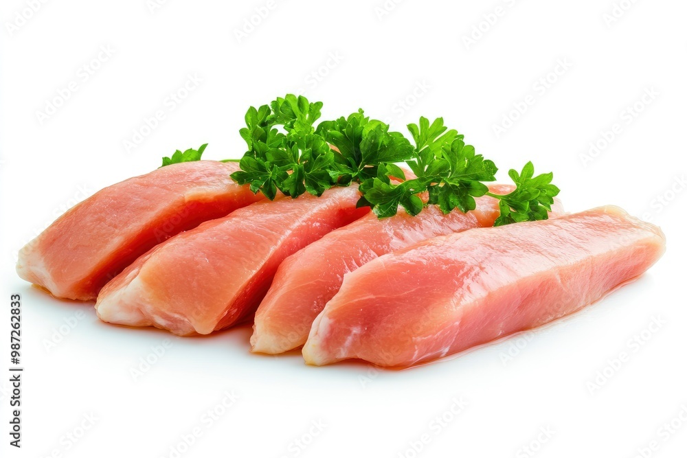 Raw skinless and boneless chicken breast meat with parsley garnish isolated on white , ai Raw skinless and boneless chicken breast meat with parsley garnish isolated on white , ai