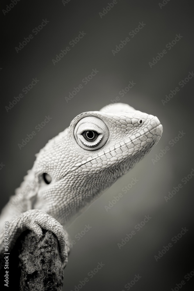 A monochrome image of a lizard with an eyeball atop its head and a branch in the foreground A monochrome image of a lizard with an eyeball atop its head and a branch in the foreground