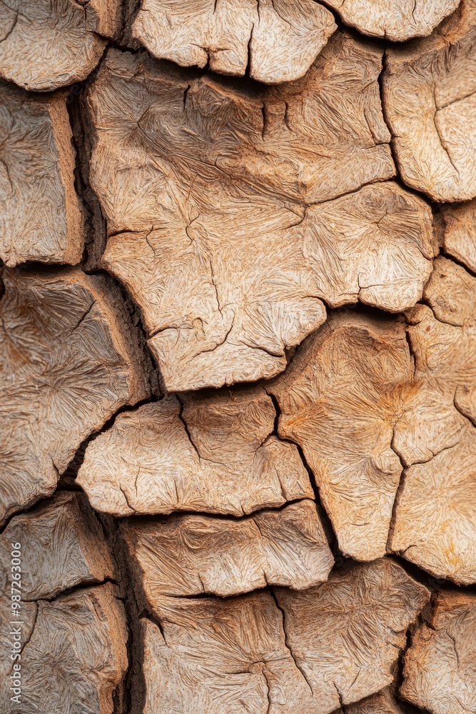 A bird perches atop a textured wall made from dried tree bark in this close-up image A bird perches atop a textured wall made from dried tree bark in this close-up image