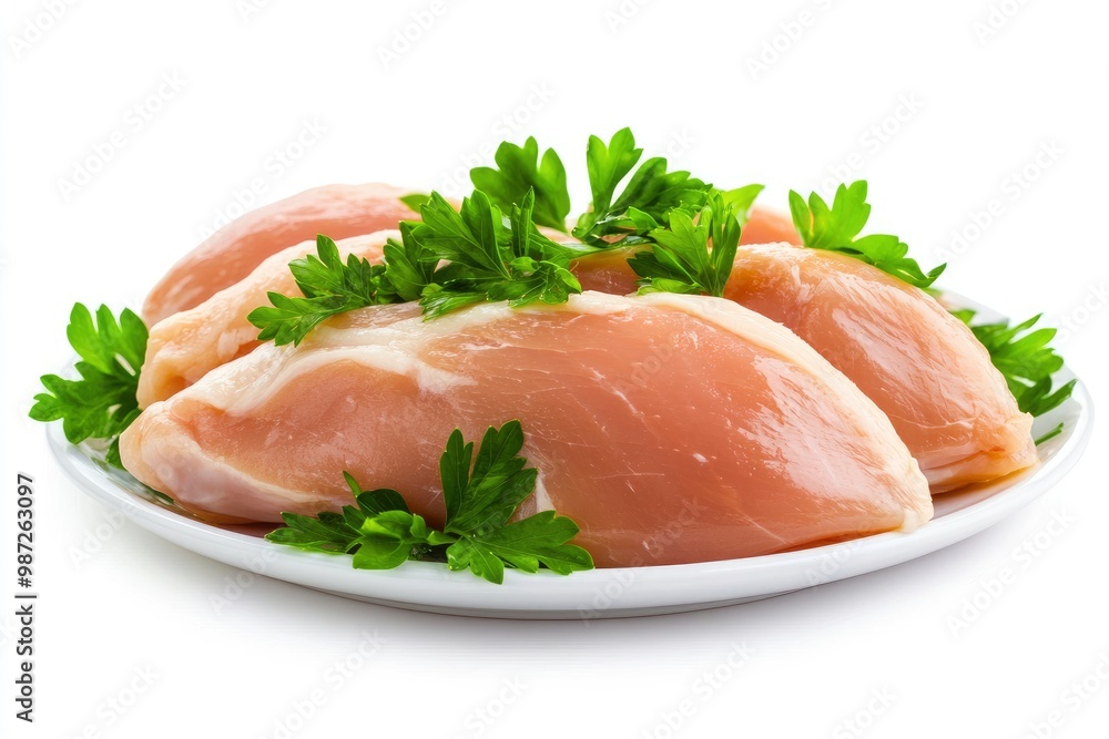Raw skinless and boneless chicken breast meat with parsley garnish isolated on white , ai Raw skinless and boneless chicken breast meat with parsley garnish isolated on white , ai
