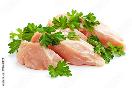 Raw skinless and boneless chicken breast meat with parsley garnish isolated on white , ai