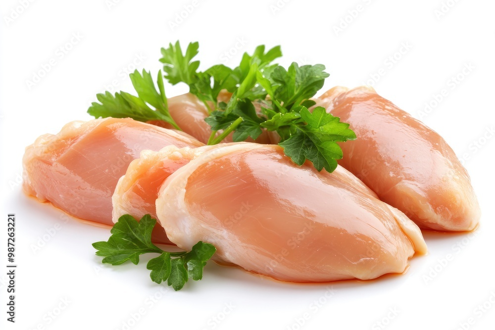 Raw skinless and boneless chicken breast meat with parsley garnish isolated on white , ai Raw skinless and boneless chicken breast meat with parsley garnish isolated on white , ai