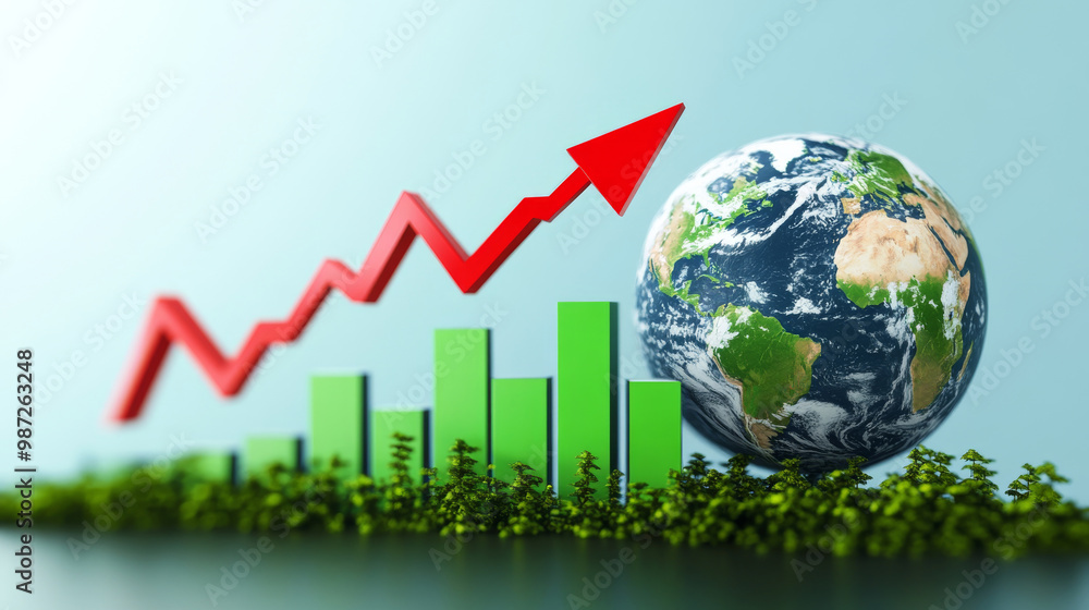 Growth graph with earth, symbolizing global economic increase.