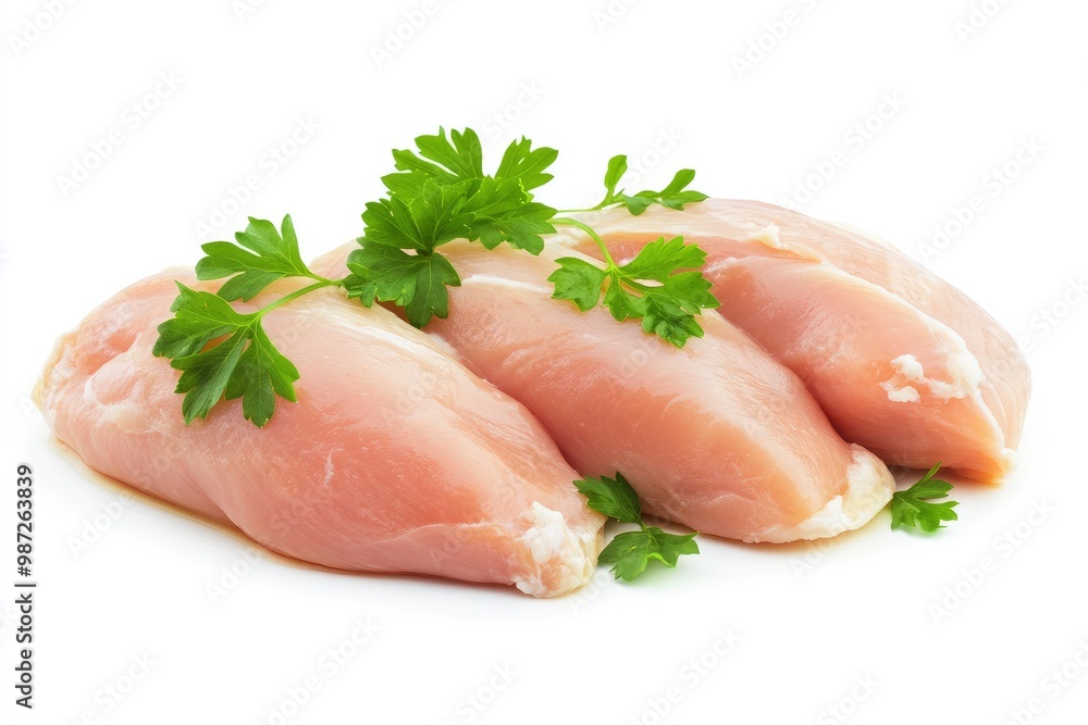 Raw skinless and boneless chicken breast meat with parsley garnish isolated on white , ai Raw skinless and boneless chicken breast meat with parsley garnish isolated on white , ai