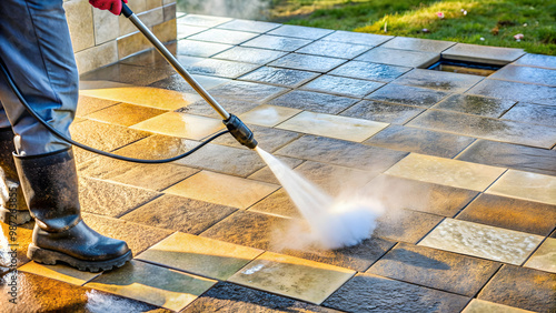 Stone slabs being cleaned with a high-pressure cleaner , stone, slabs, cleaning, high-pressure, cleaner, water, power