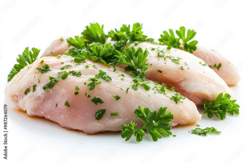 Raw skinless and boneless chicken breast meat with parsley garnish isolated on white , ai Raw skinless and boneless chicken breast meat with parsley garnish isolated on white , ai