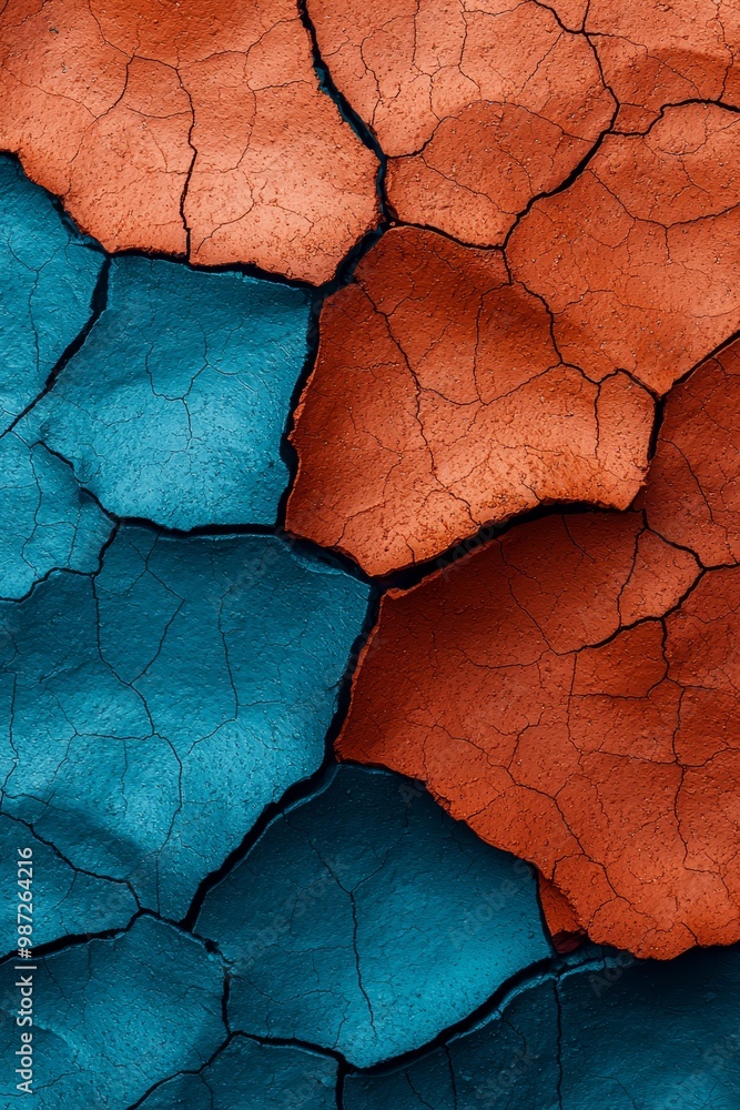 A tight shot of a fractured surface, adorned with paint in shades of blue, orange, and red, at its top and bottom A tight shot of a fractured surface, adorned with paint in shades of blue, orange, and red, at its top and bottom