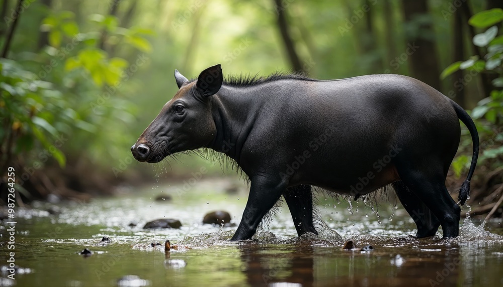 Wild animal walking through a stream in a forested environment, showcasing nature and wildlife Wild animal walking through a stream in a forested environment, showcasing nature and wildlife