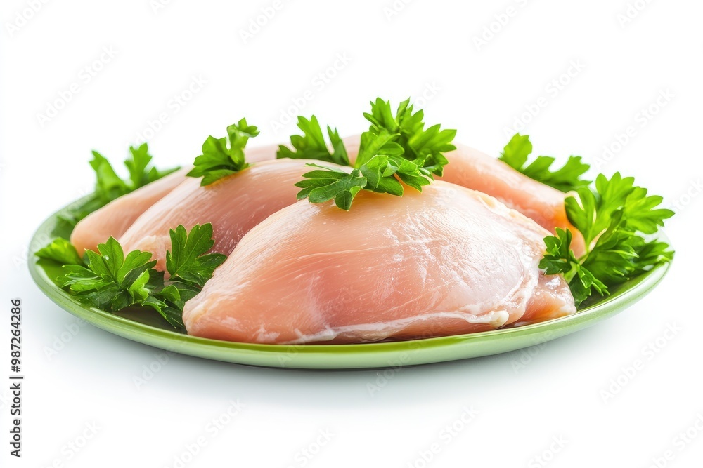 Raw skinless and boneless chicken breast meat with parsley garnish isolated on white , ai Raw skinless and boneless chicken breast meat with parsley garnish isolated on white , ai