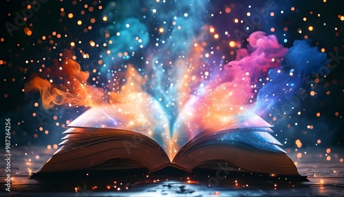 Enchanted Book emanating vibrant magical light and colorful smoke against a dark backdrop for inspiration and creativity themes