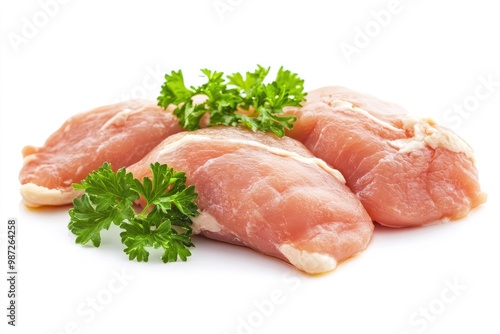 Raw skinless and boneless chicken breast meat with parsley garnish isolated on white , ai