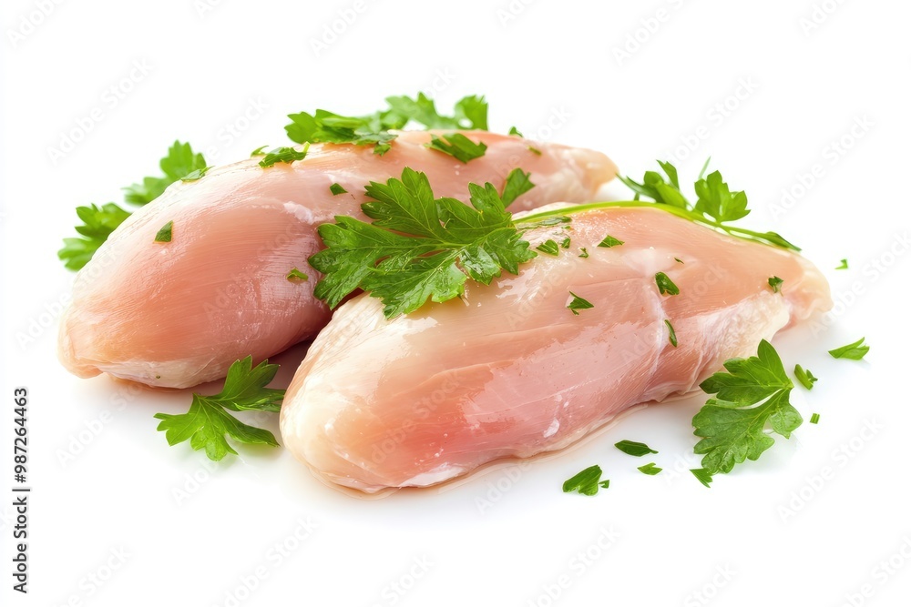 Raw skinless and boneless chicken breast meat with parsley garnish isolated on white , ai Raw skinless and boneless chicken breast meat with parsley garnish isolated on white , ai