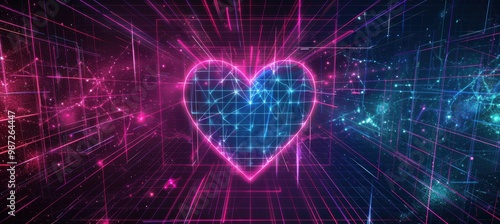 Futuristic Valentine's Day Neon Heart Patterns with Glowing Grid Background for Digital Designs