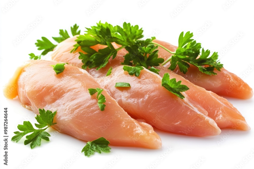 Raw skinless and boneless chicken breast meat with parsley garnish isolated on white , ai Raw skinless and boneless chicken breast meat with parsley garnish isolated on white , ai