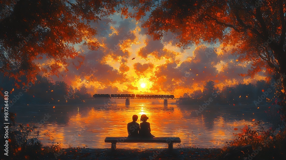 Silhouetted couple on a bench overlooking a river with a train crossing a bridge in the distance during a sunset. Silhouetted couple on a bench overlooking a river with a train crossing a bridge in the distance during a sunset.