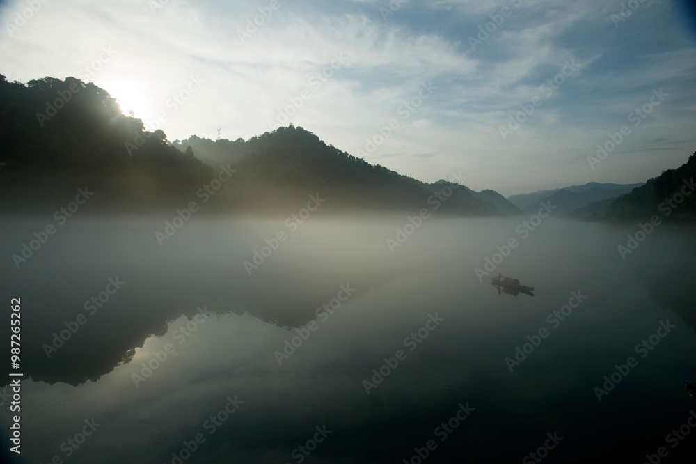 Fog scenery of Xiaodongjiang River in Chenzhou City, Hunan Province, China Fog scenery of Xiaodongjiang River in Chenzhou City, Hunan Province, China