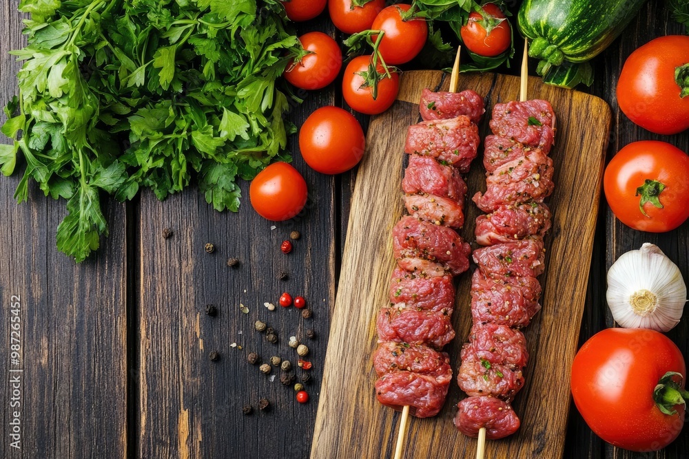 Raw kebab from meat on a wooden background with vegetables. Top view. Free space for text , ai Raw kebab from meat on a wooden background with vegetables. Top view. Free space for text , ai