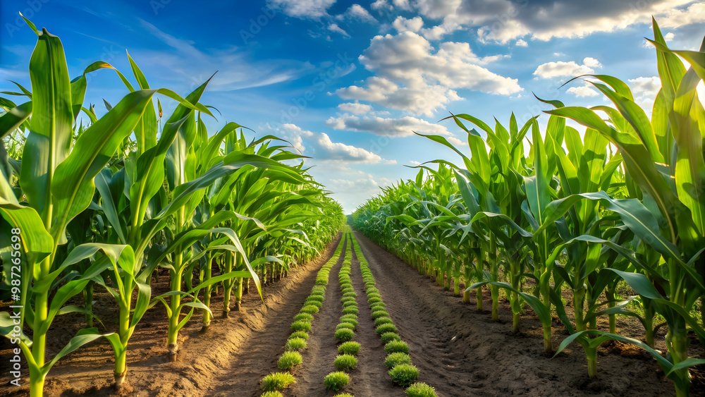 High corn crops growing in rows , agriculture, farm, field, agriculture industry, food production, maize, summer, rural High corn crops growing in rows , agriculture, farm, field, agriculture industry, food production, maize, summer, rural