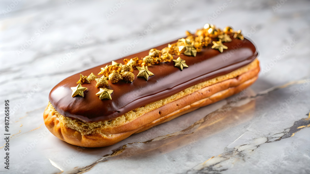 Elegant eclair pastry on a marble surface with chocolate glaze and gold leaf , French dessert Elegant eclair pastry on a marble surface with chocolate glaze and gold leaf , French dessert