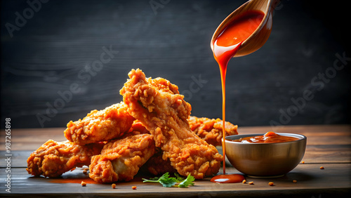 Spicy sauce being poured over crispy fried chicken , food, chicken, crispy, fried, spicy, sauce, pouring, delicious, tasty, flavor photo