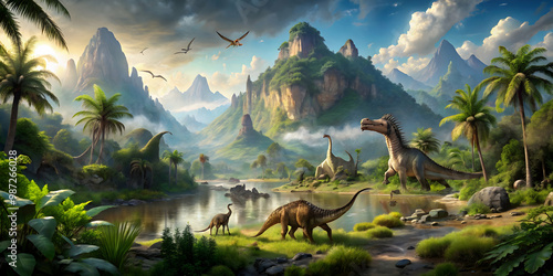 A prehistoric landscape filled with lush vegetation, dinosaurs, and towering mountains, Jurassic, valley