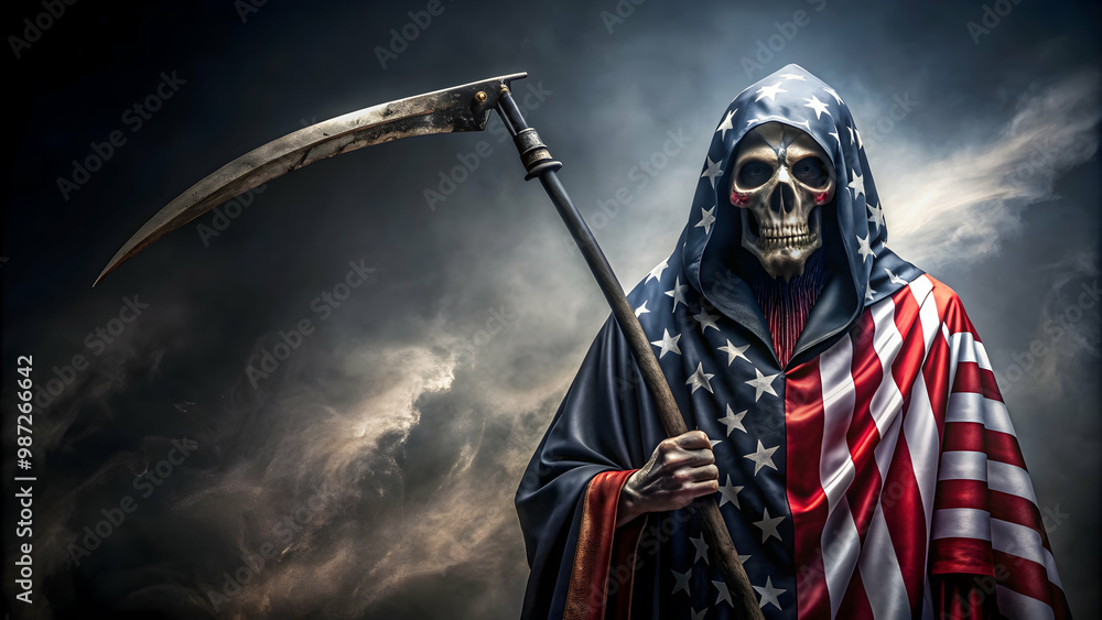 An intimidating and patriotic reaper character with American flag cape, scythe