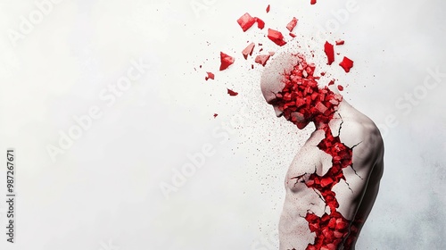 Abstract figure with fragmented red elements exploding photo