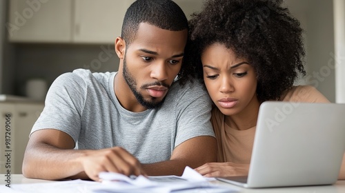 Concerned Couple Reviewing Documents Together