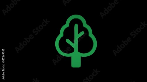 Abstract Green Tree Logo or Symbol Spinning and Rotating on a Transparent Background. Minimal 3D Rendering Animation Loop
