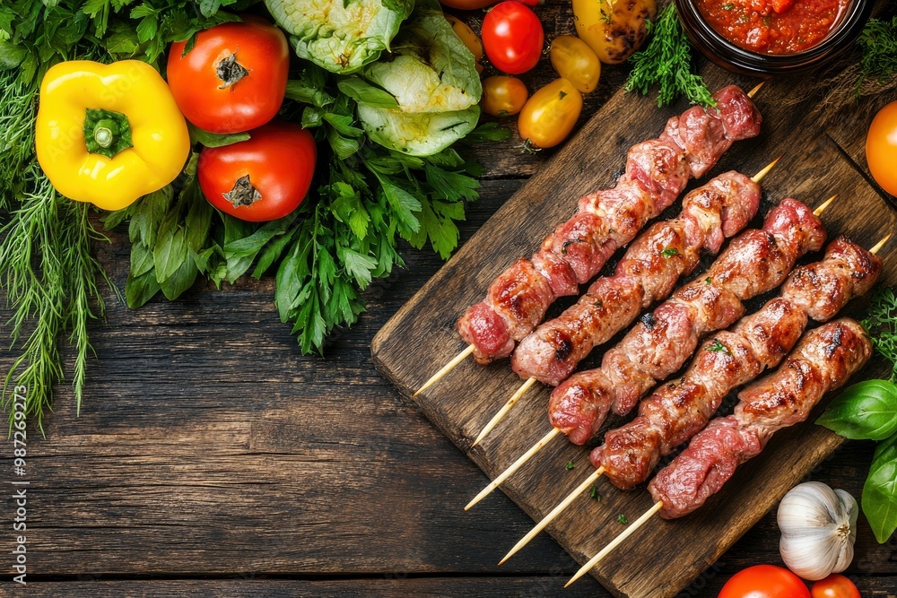Raw kebab from meat on a wooden background with vegetables. Top view. Free space for text , ai Raw kebab from meat on a wooden background with vegetables. Top view. Free space for text , ai