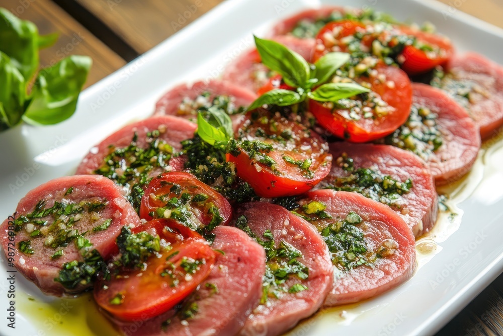 Sliced Pork Tongue snack appetizer served basil , ai Sliced Pork Tongue snack appetizer served basil , ai