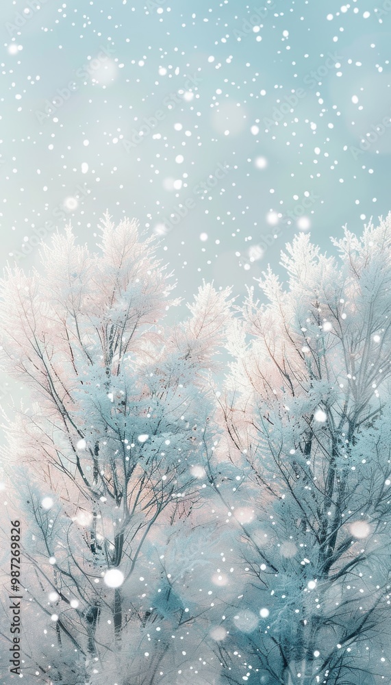 Serene Winter Wonderland with Frosted Trees and Falling Snowflakes in Soft Blue Sky Design for Seasonal Print Serene Winter Wonderland with Frosted Trees and Falling Snowflakes in Soft Blue Sky Design for Seasonal Print